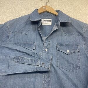 Mountain Khakis Denim Shirt Mens M Western Pearl Snap Relaxed Fit Long Sleeve